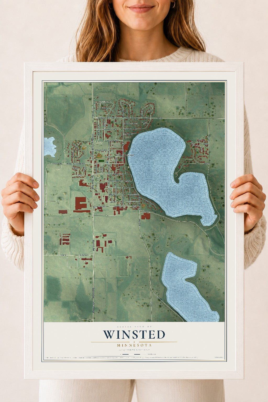 Map of Winsted, Minnesota, 18 x 24 inch print in a white wood frame