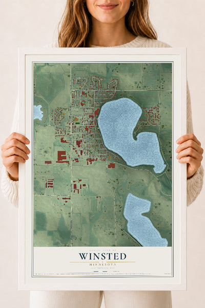 Map of Winsted, Minnesota, 18 x 24 inch print in a white wood frame