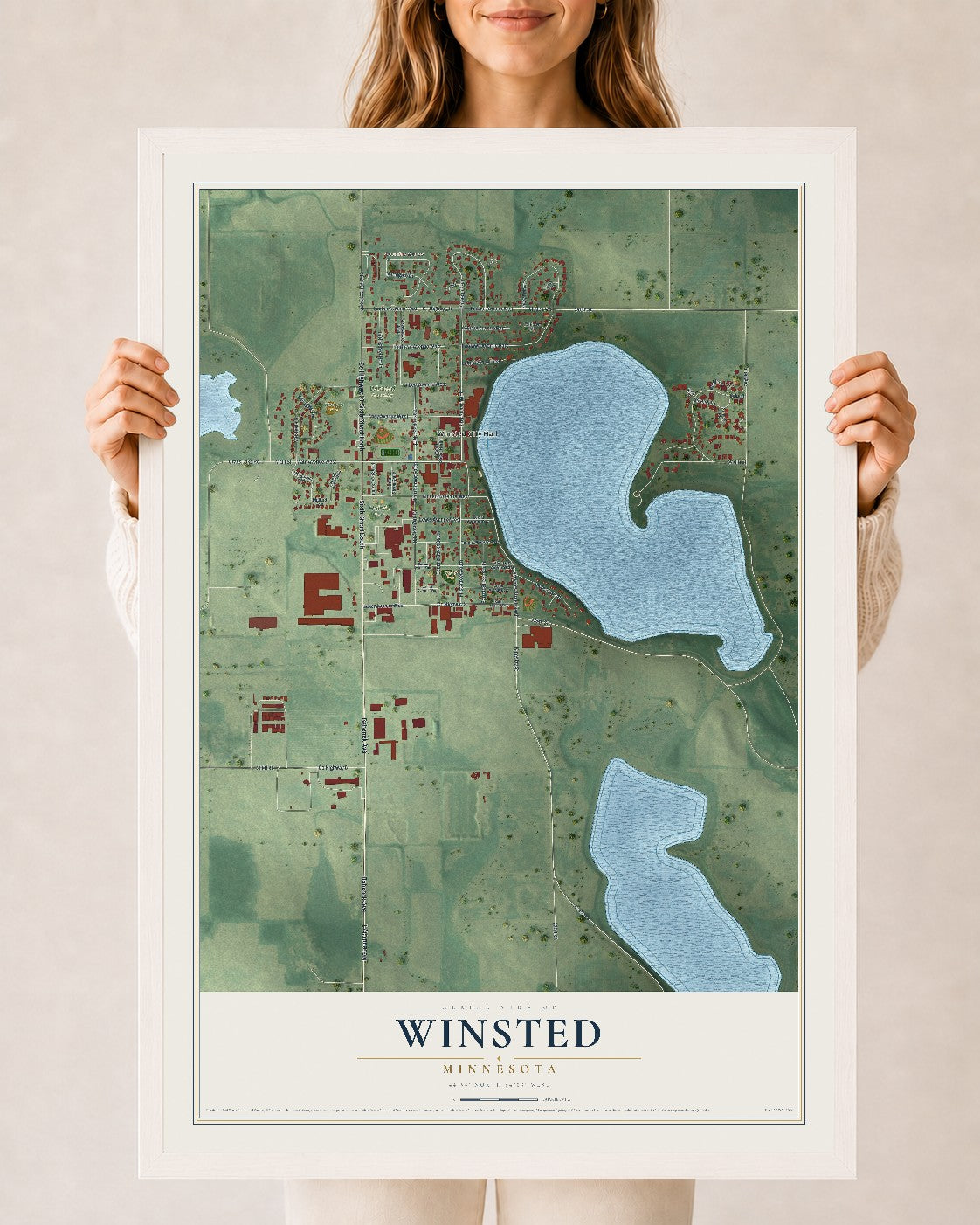 Map of Winsted, Minnesota, 24 x 36 inch print in a white wood frame
