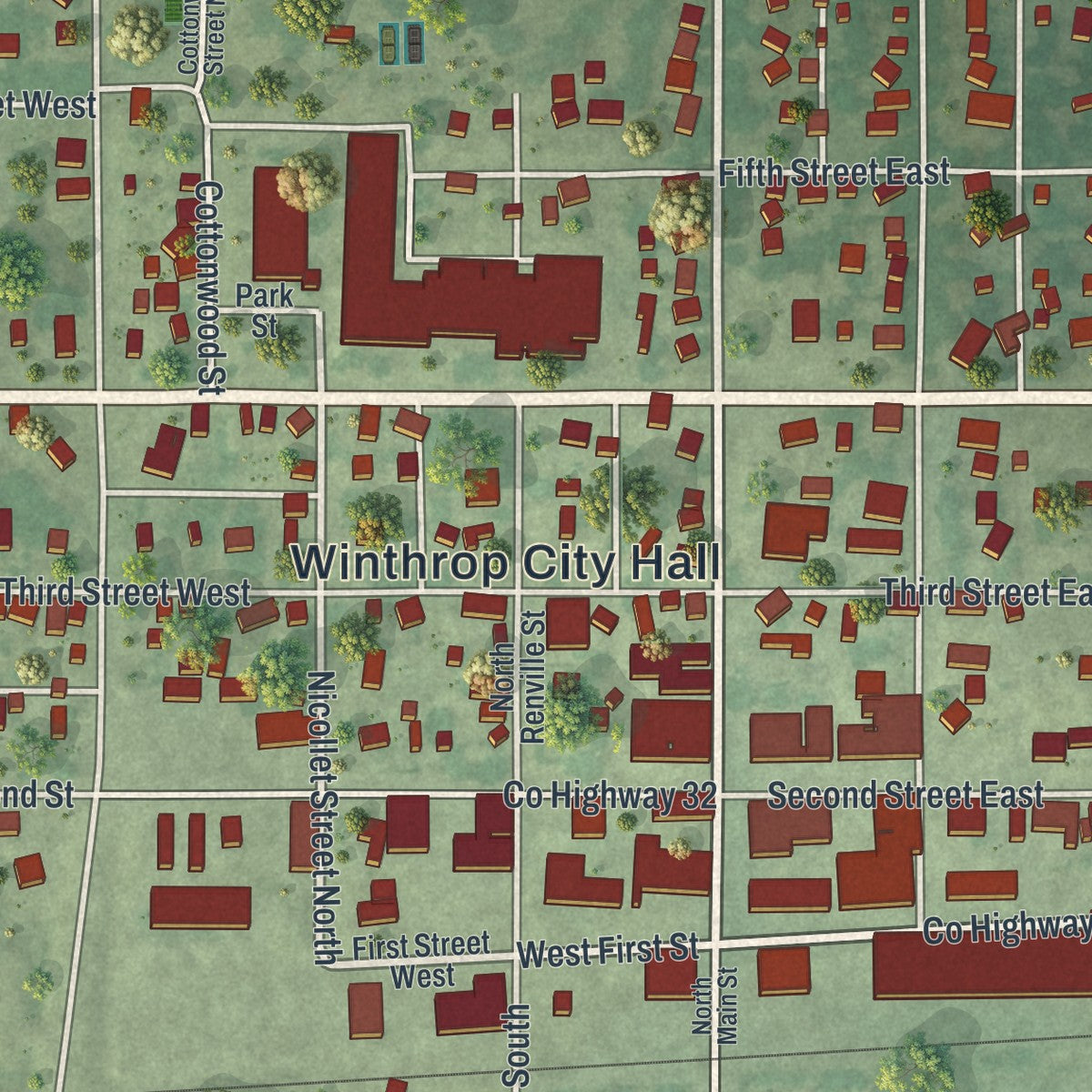 Close-up of the map of Winthrop, Minnesota print showing street and building detail