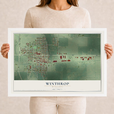 Map of Winthrop, Minnesota, 12 x 18 inch print in a white wood frame