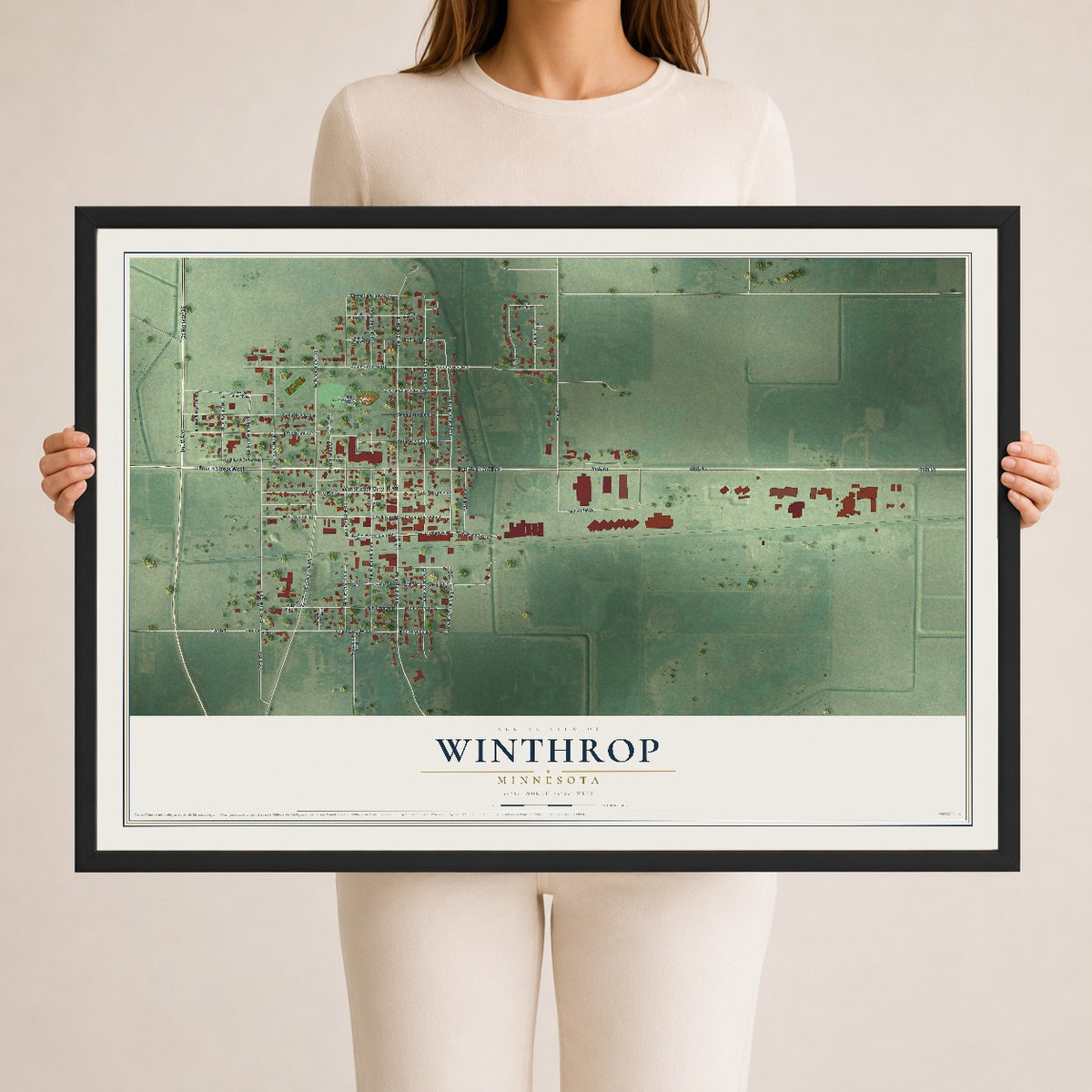Map of Winthrop, Minnesota, 24 x 36 inch print in a black wood frame