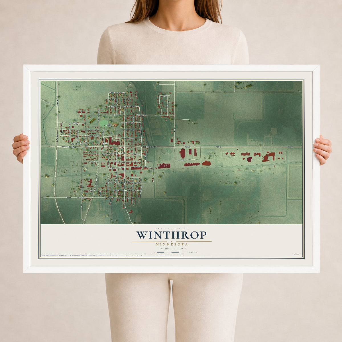 Map of Winthrop, Minnesota, 24 x 36 inch print in a white wood frame