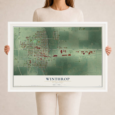 Map of Winthrop, Minnesota, 24 x 36 inch print in a white wood frame