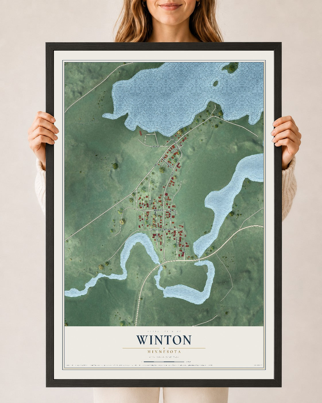 Map of Winton, Minnesota, 24 x 36 inch print in a black wood frame
