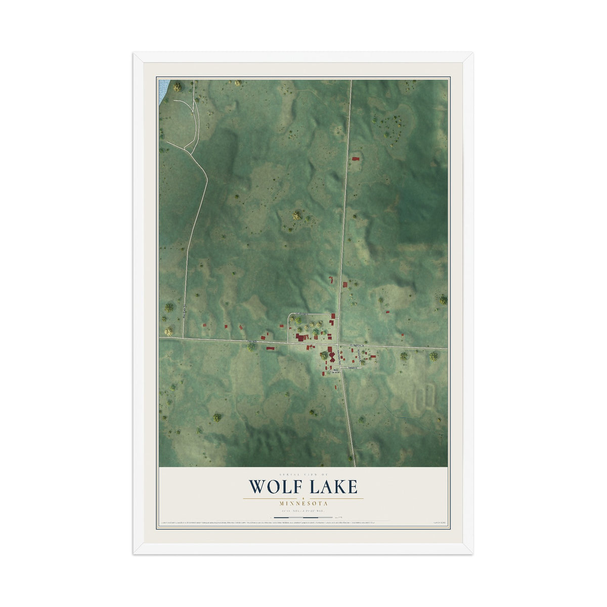 Map of Wolf Lake, Minnesota, 12 x 18 inch print in a white wood frame
