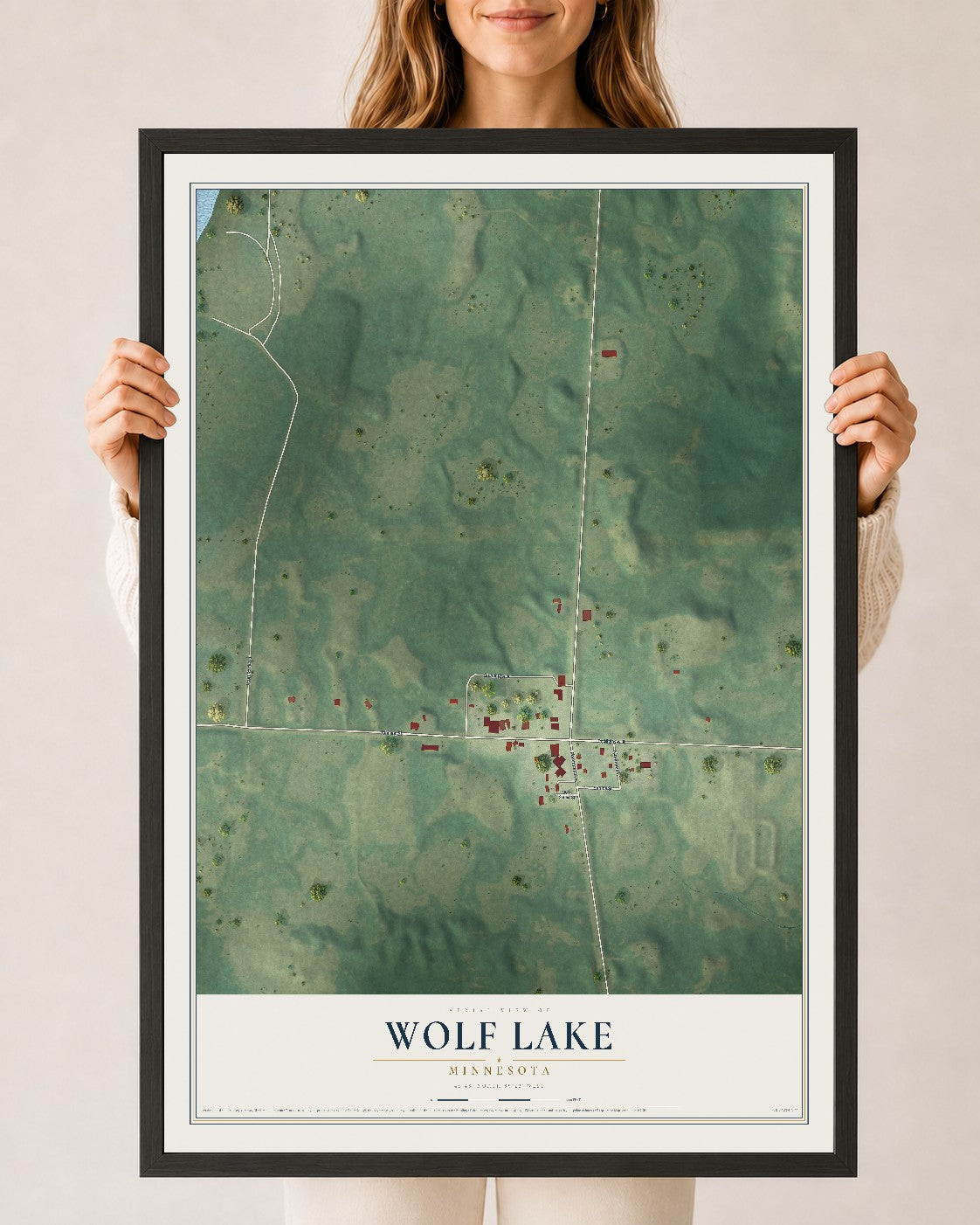 Map of Wolf Lake, Minnesota, 24 x 36 inch print in a black wood frame