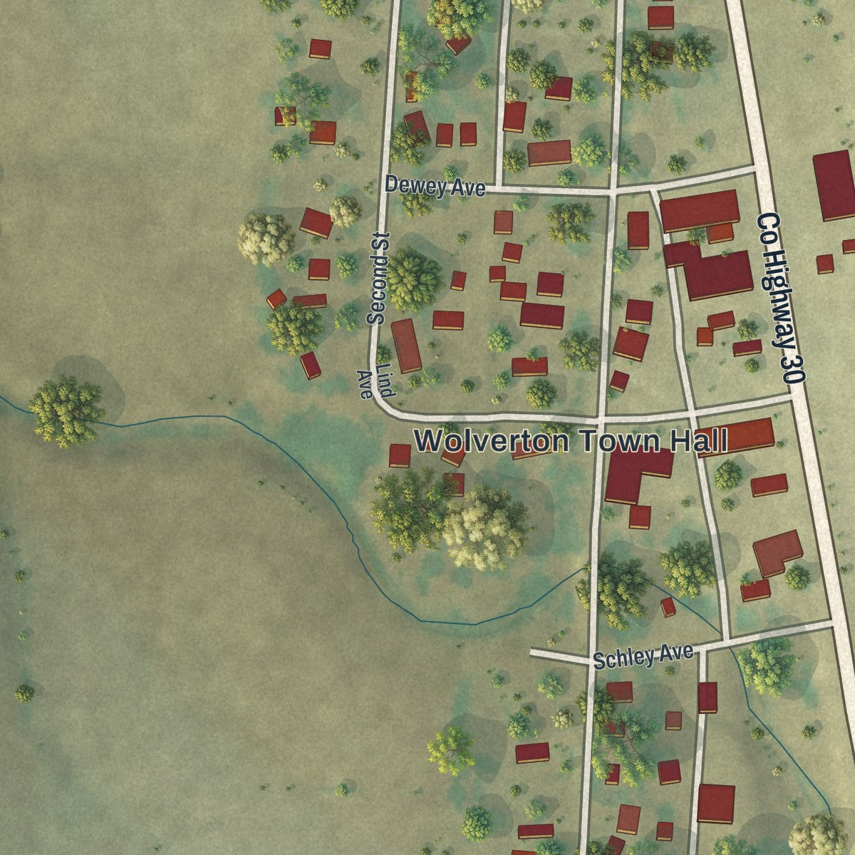 Close-up of the map of Wolverton, Minnesota print showing street and building detail