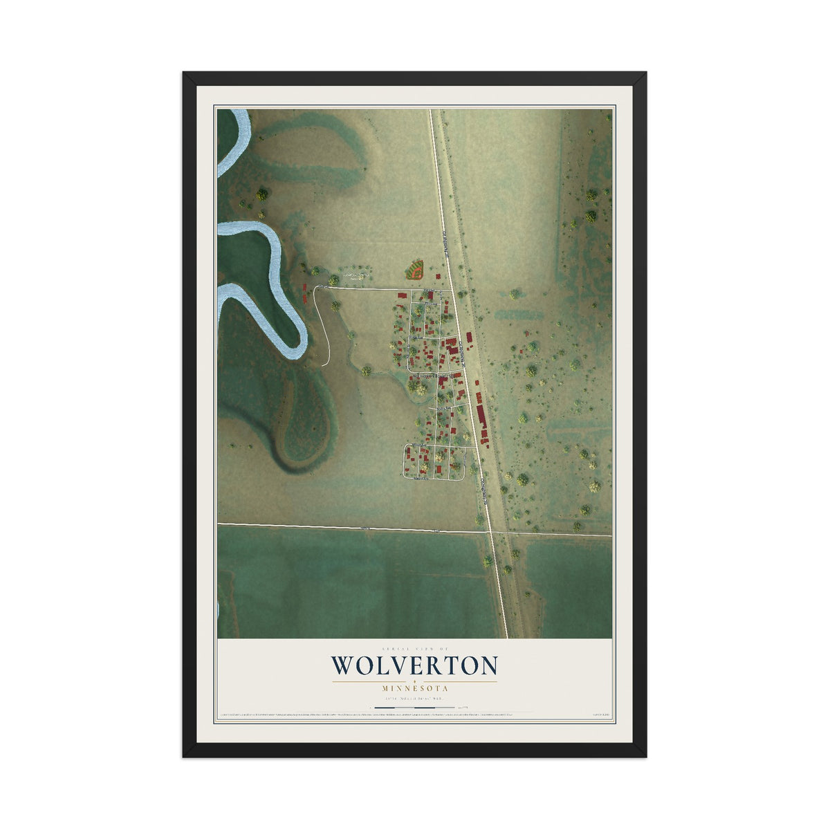 Map of Wolverton, Minnesota, 12 x 18 inch print in a black wood frame