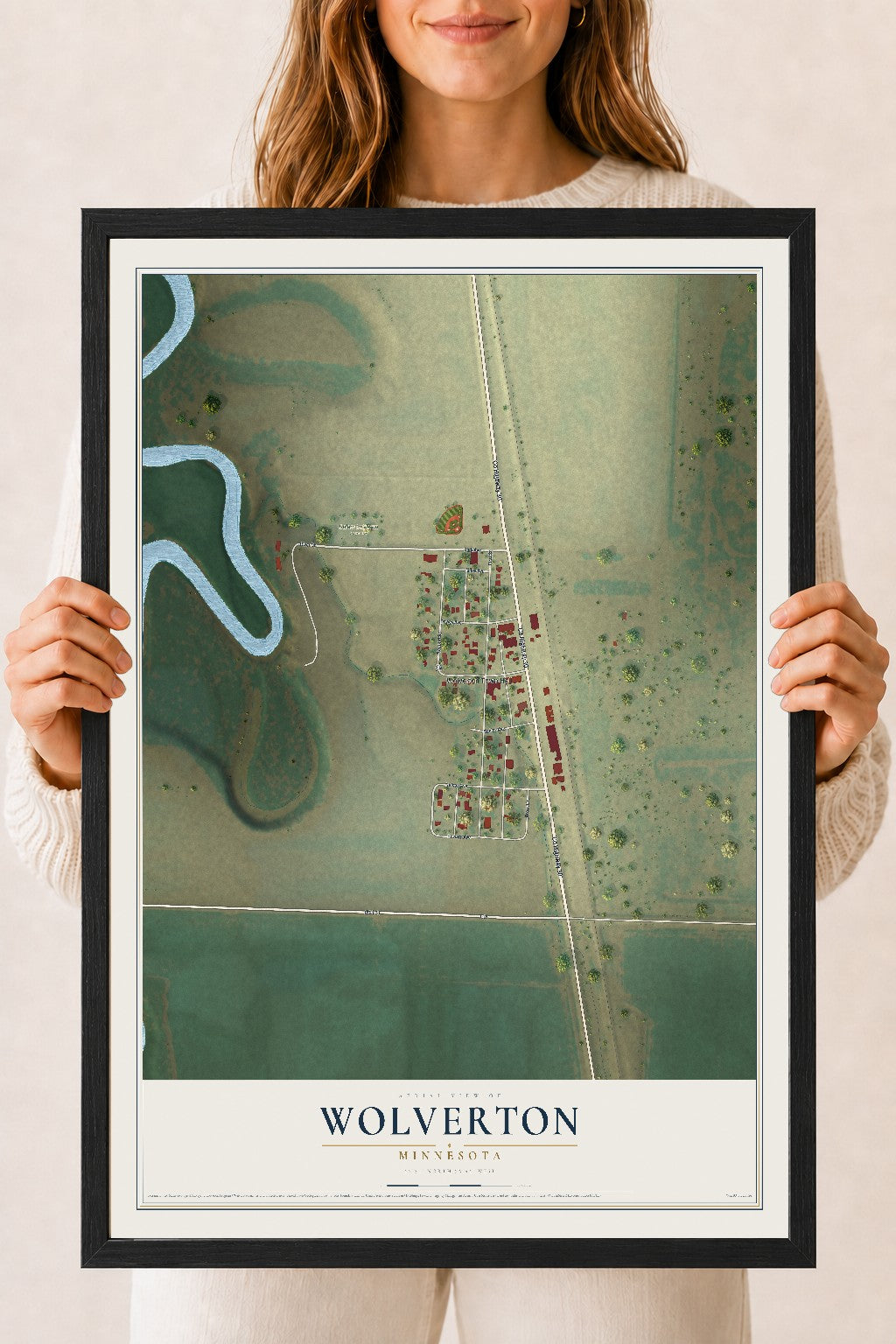 Map of Wolverton, Minnesota, 18 x 24 inch print in a black wood frame