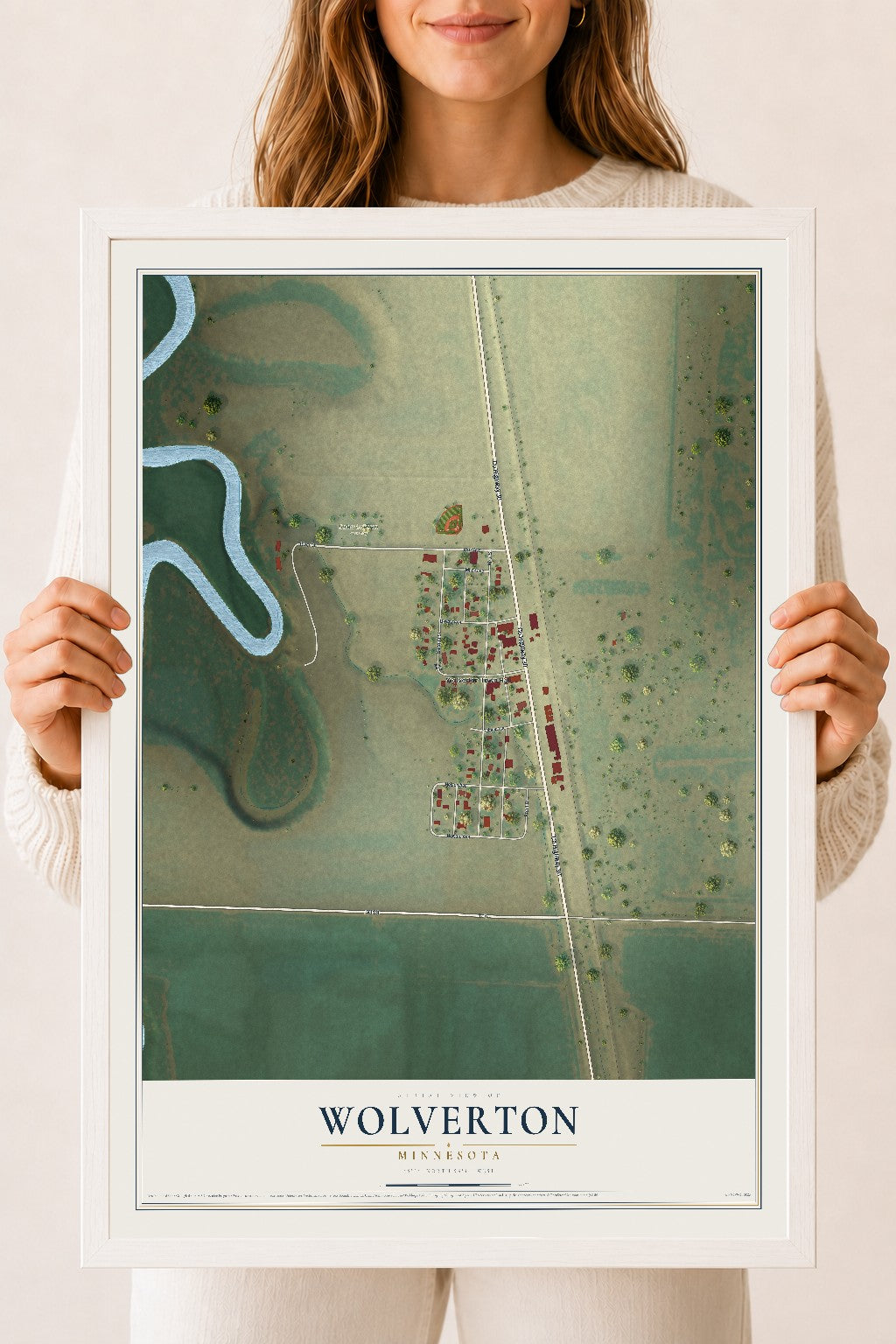 Map of Wolverton, Minnesota, 18 x 24 inch print in a white wood frame