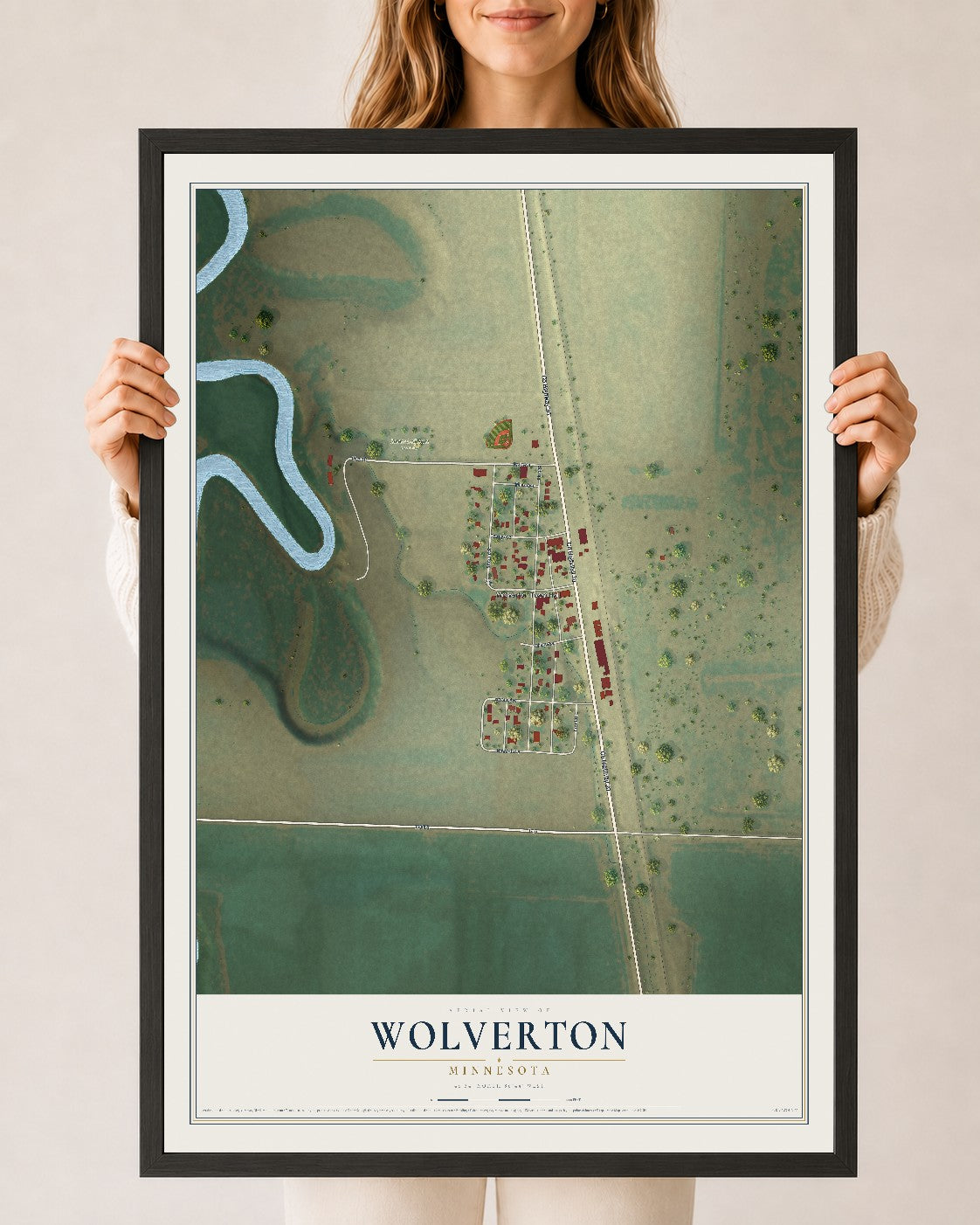 Map of Wolverton, Minnesota, 24 x 36 inch print in a black wood frame