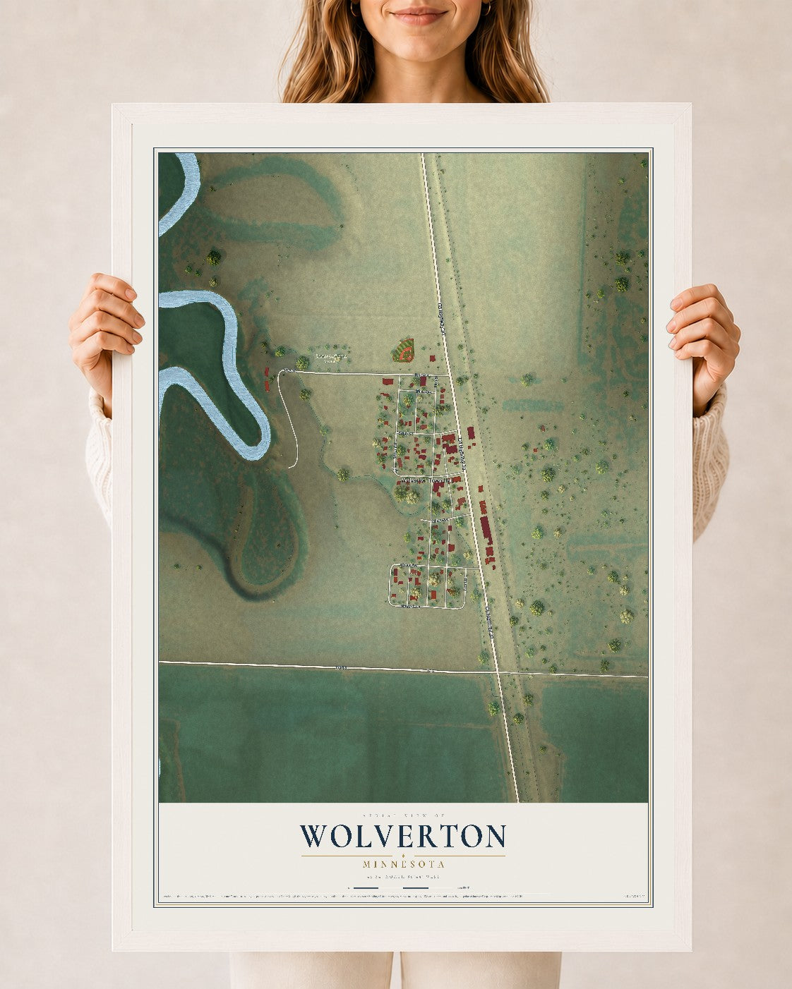 Map of Wolverton, Minnesota, 24 x 36 inch print in a white wood frame