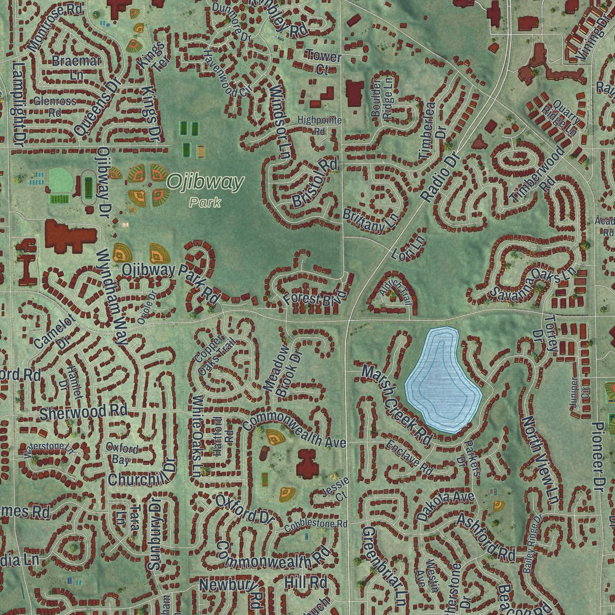 Close-up of the map of Woodbury, Minnesota print showing street and building detail
