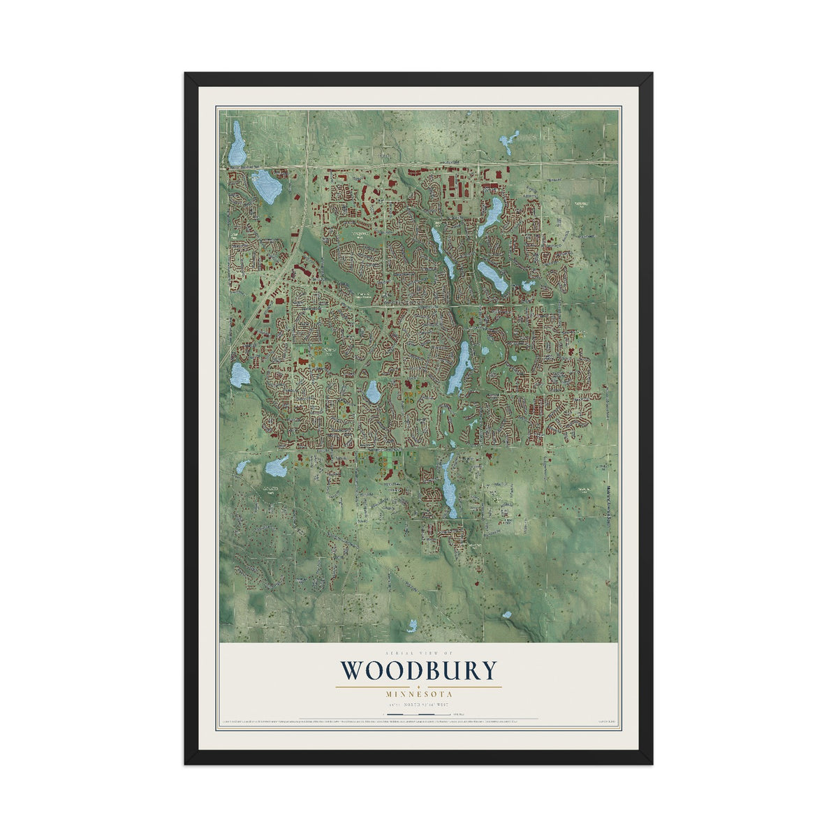 Map of Woodbury, Minnesota, 12 x 18 inch print in a black wood frame