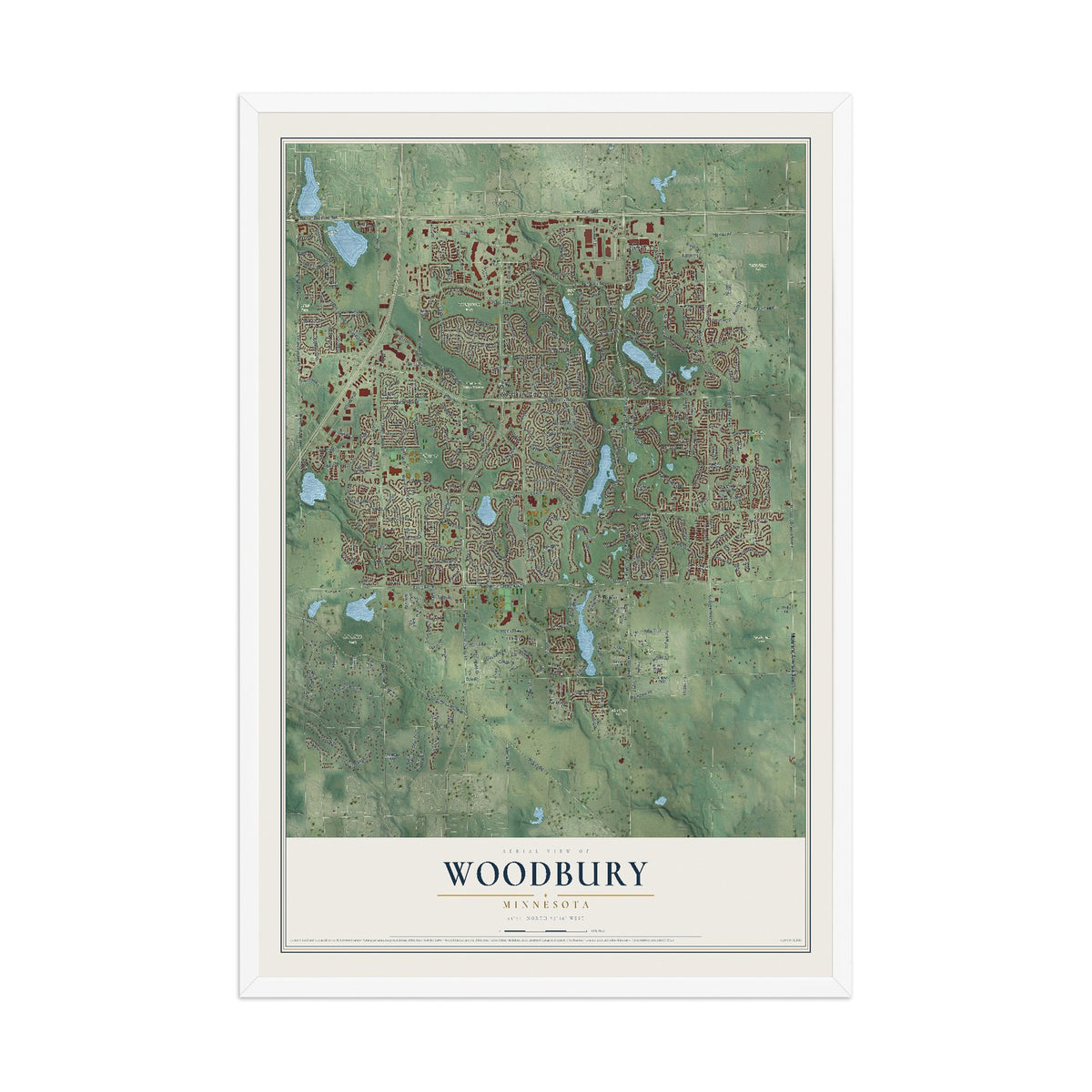Map of Woodbury, Minnesota, 12 x 18 inch print in a white wood frame