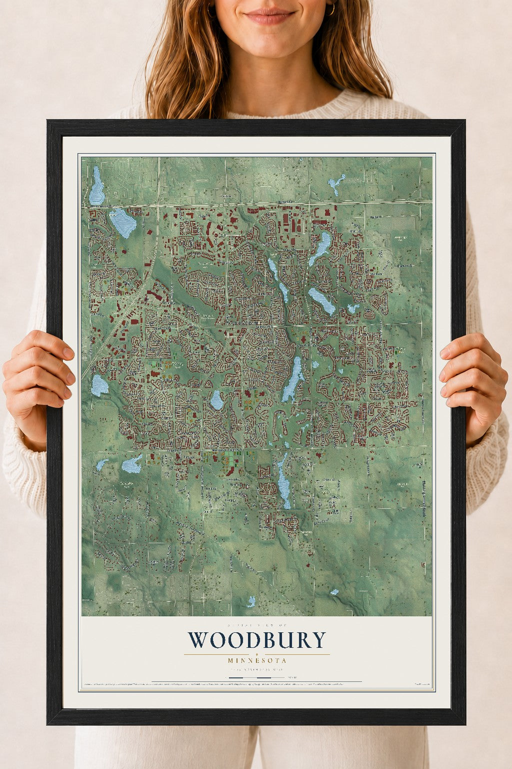Map of Woodbury, Minnesota, 18 x 24 inch print in a black wood frame