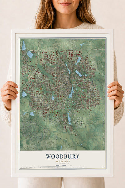 Map of Woodbury, Minnesota, 18 x 24 inch print in a white wood frame