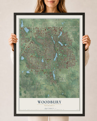 Map of Woodbury, Minnesota, 24 x 36 inch print in a black wood frame