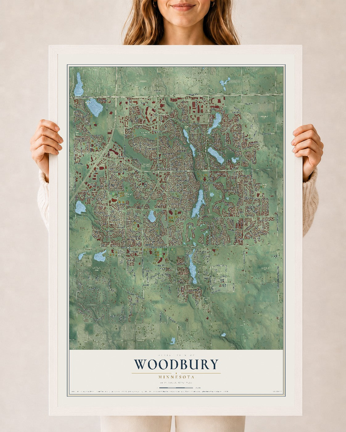 Map of Woodbury, Minnesota, 24 x 36 inch print in a white wood frame