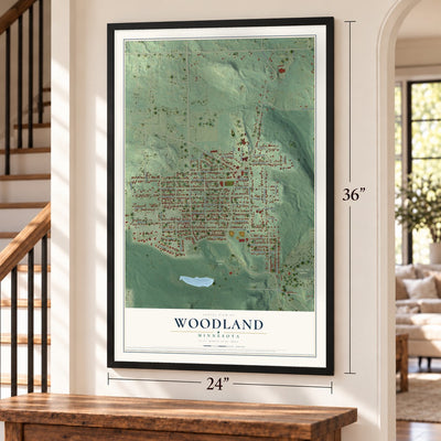 Woodland, Duluth, Minnesota map, 24 x 36 inch print in a black frame by a staircase
