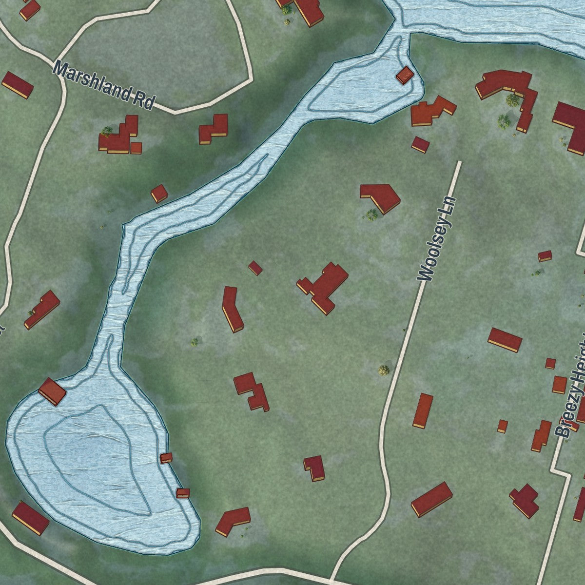 Second close-up of the map of Woodland, Minnesota print showing more streets and buildings