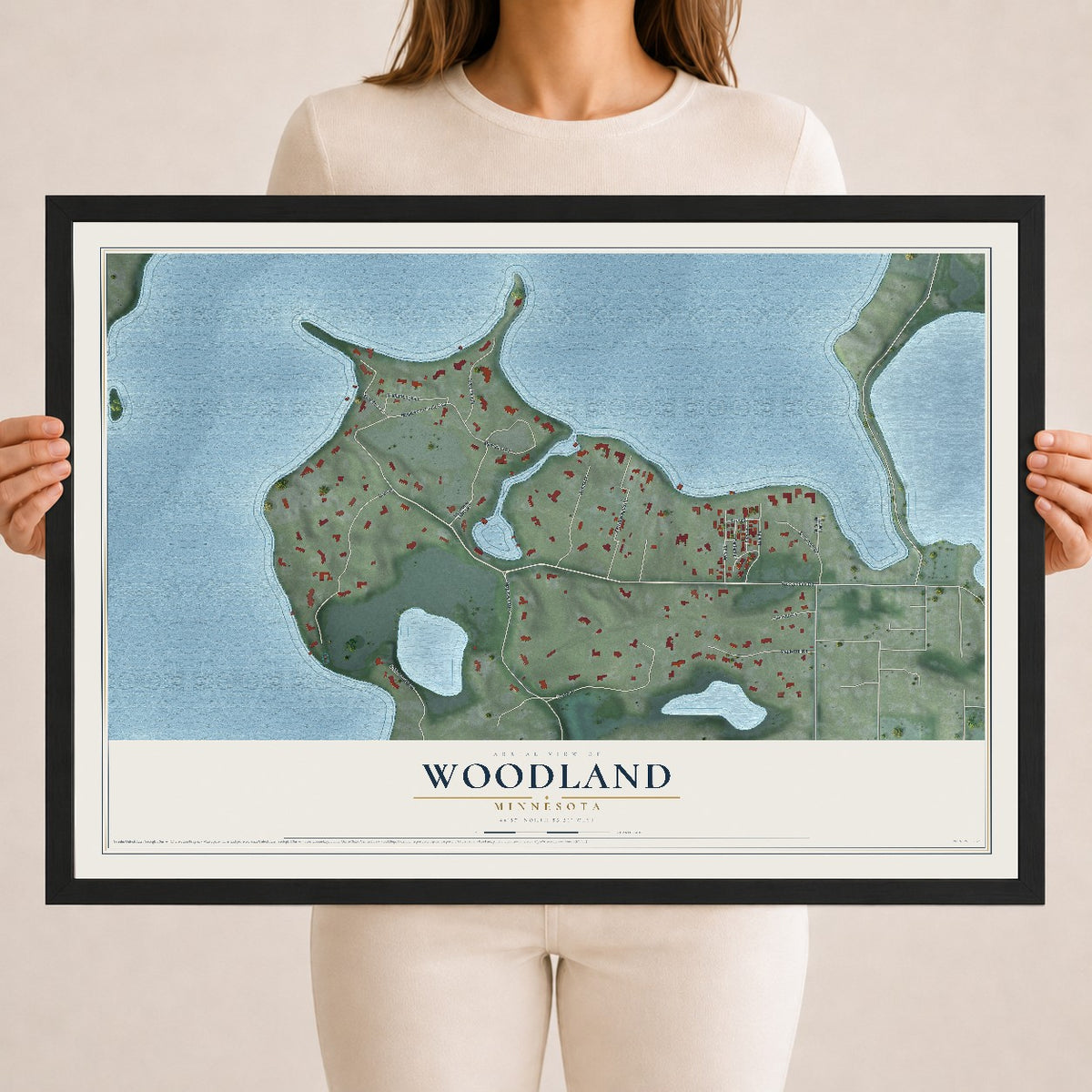 Map of Woodland, Minnesota, 18 x 24 inch print in a black wood frame
