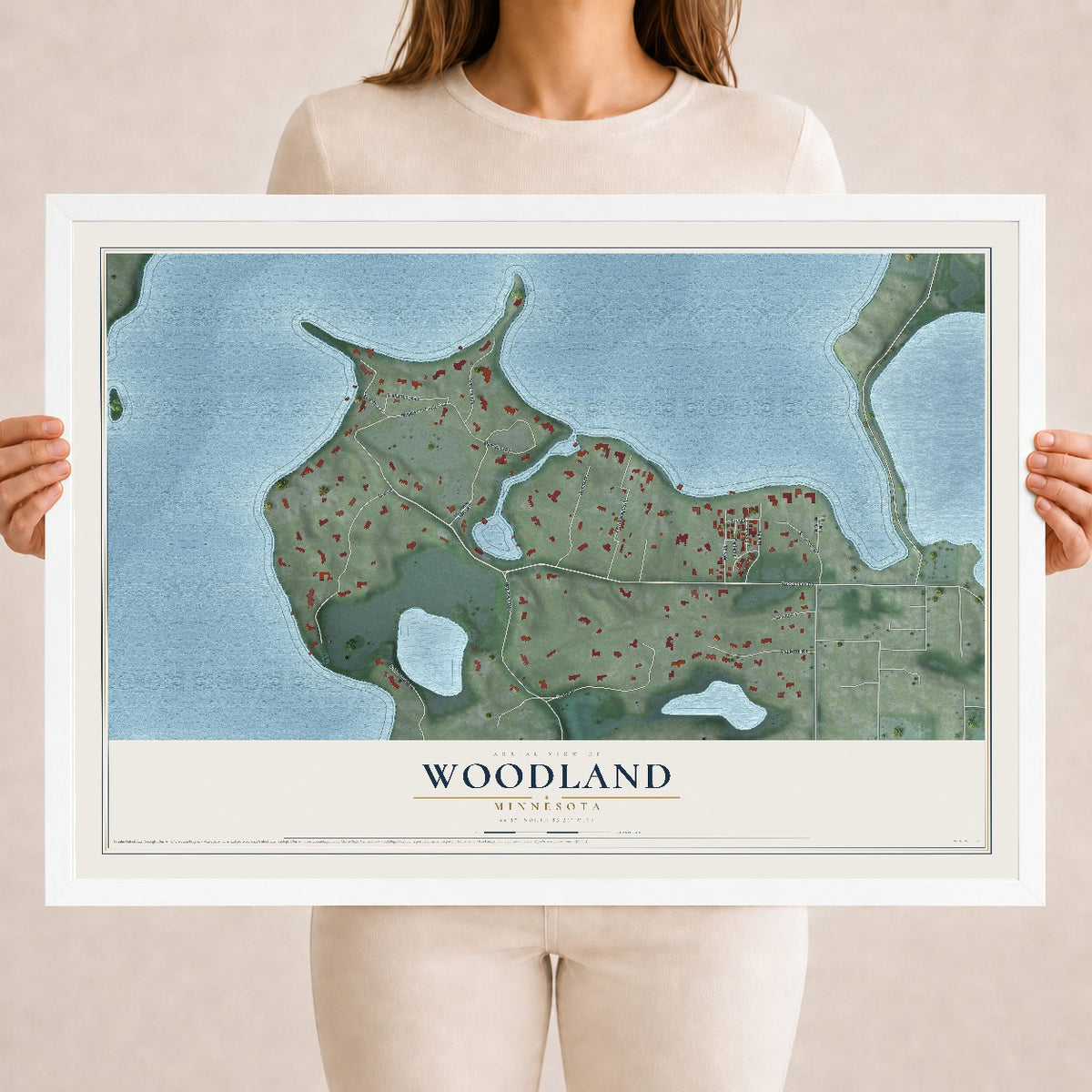 Map of Woodland, Minnesota, 18 x 24 inch print in a white wood frame