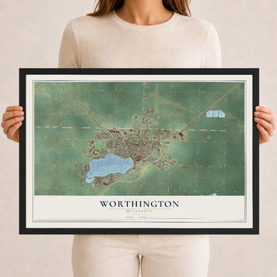 Map of Worthington, Minnesota, 12 x 18 inch print in a black wood frame