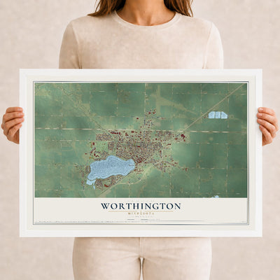 Map of Worthington, Minnesota, 12 x 18 inch print in a white wood frame
