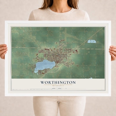 Map of Worthington, Minnesota, 18 x 24 inch print in a white wood frame
