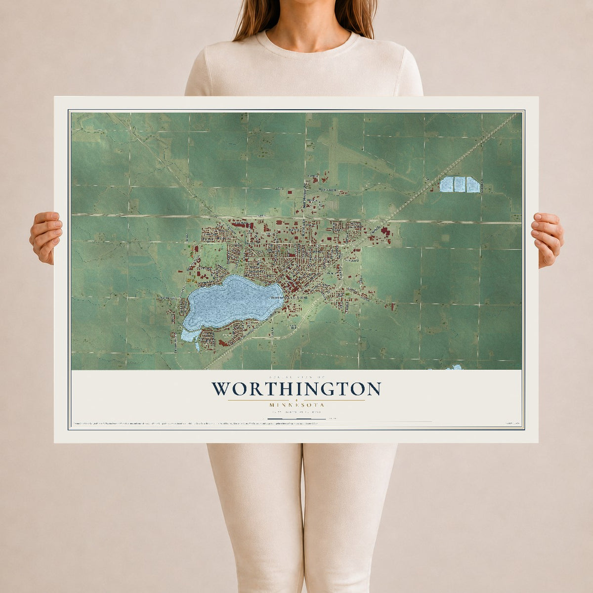Map of Worthington, Minnesota, 24 x 36 inch unframed archival matte print