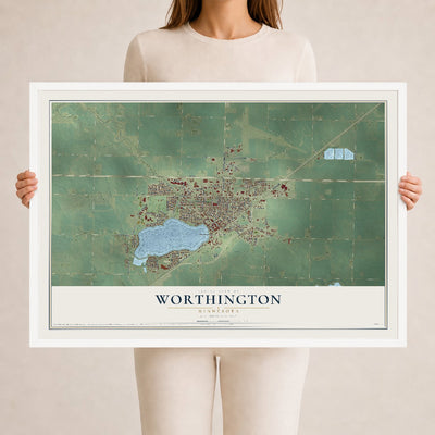 Map of Worthington, Minnesota, 24 x 36 inch print in a white wood frame