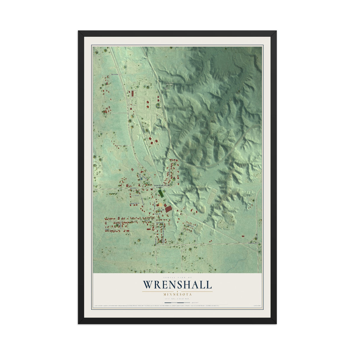 Map of Wrenshall, Minnesota, 12 x 18 inch print in a black wood frame
