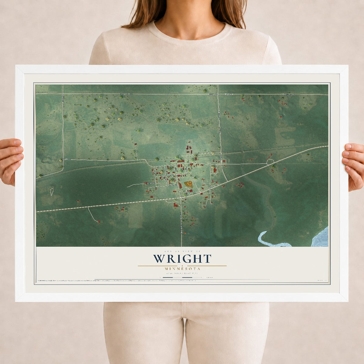 Map of Wright, Minnesota, 18 x 24 inch print in a white wood frame