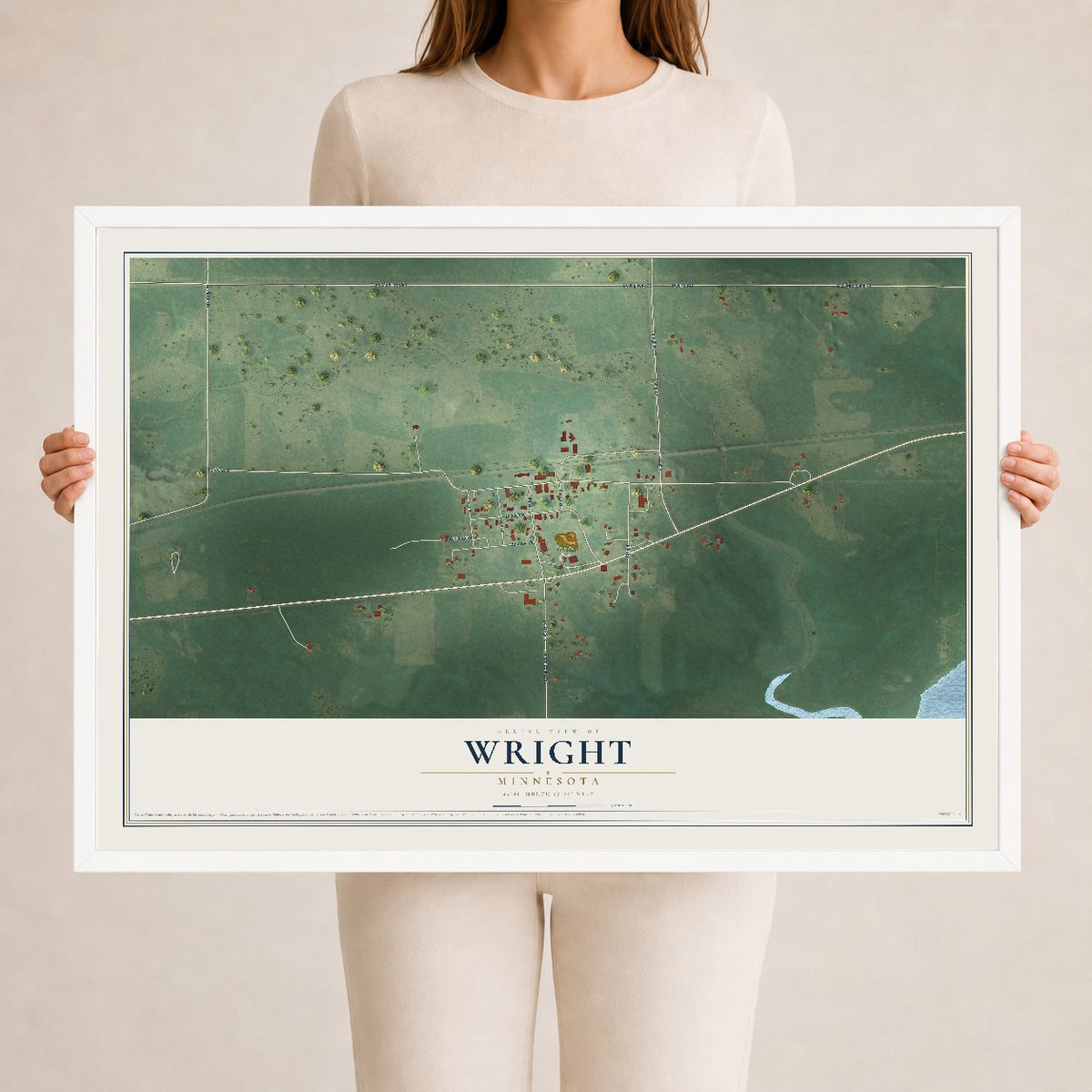 Map of Wright, Minnesota, 24 x 36 inch print in a white wood frame