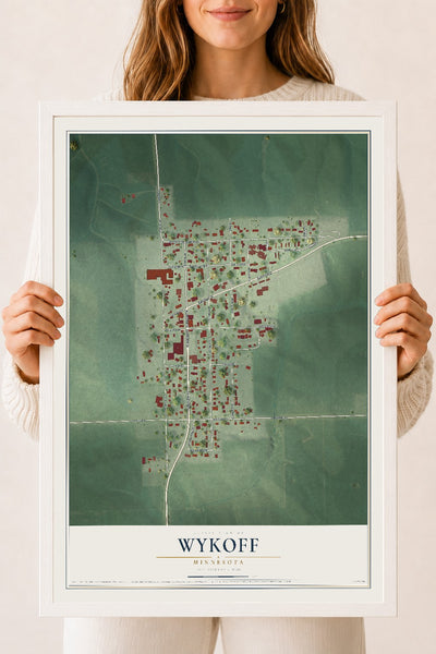 Map of Wykoff, Minnesota, 18 x 24 inch print in a white wood frame