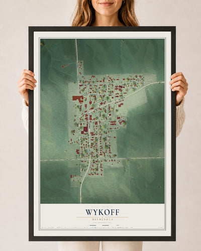 Map of Wykoff, Minnesota, 24 x 36 inch print in a black wood frame