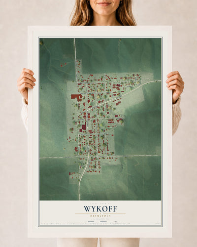 Map of Wykoff, Minnesota, 24 x 36 inch print in a white wood frame