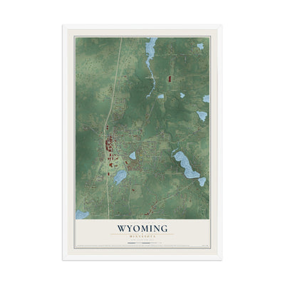 Map of Wyoming, Minnesota, 12 x 18 inch print in a white wood frame