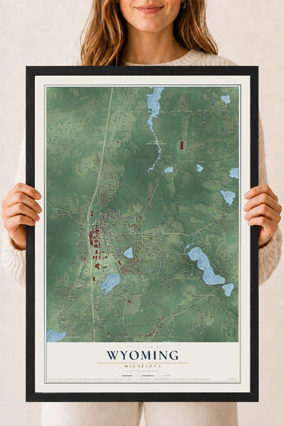 Map of Wyoming, Minnesota, 18 x 24 inch print in a black wood frame