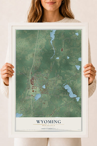 Map of Wyoming, Minnesota, 18 x 24 inch print in a white wood frame