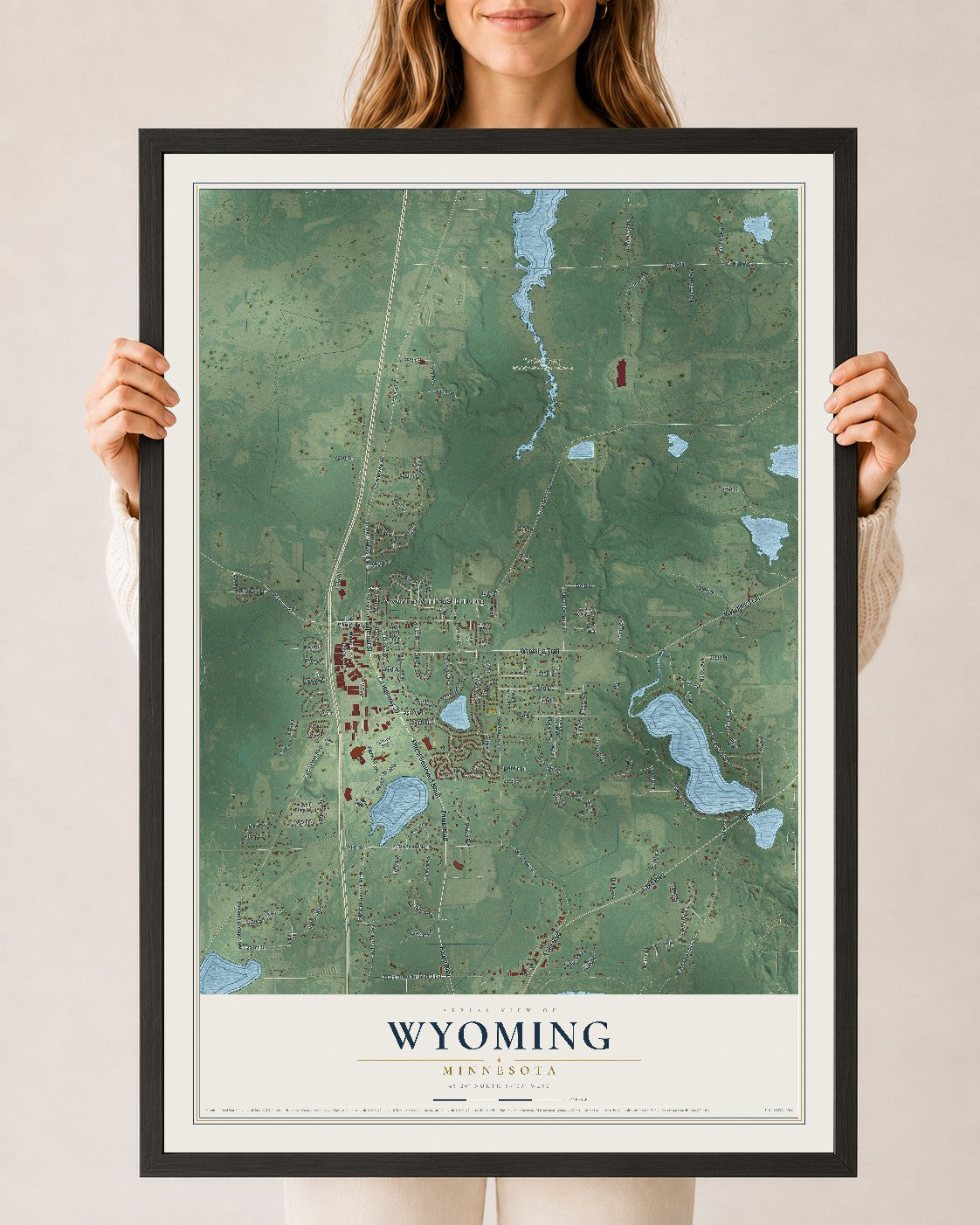 Map of Wyoming, Minnesota, 24 x 36 inch print in a black wood frame