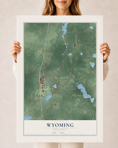 Map of Wyoming, Minnesota, 24 x 36 inch print in a white wood frame