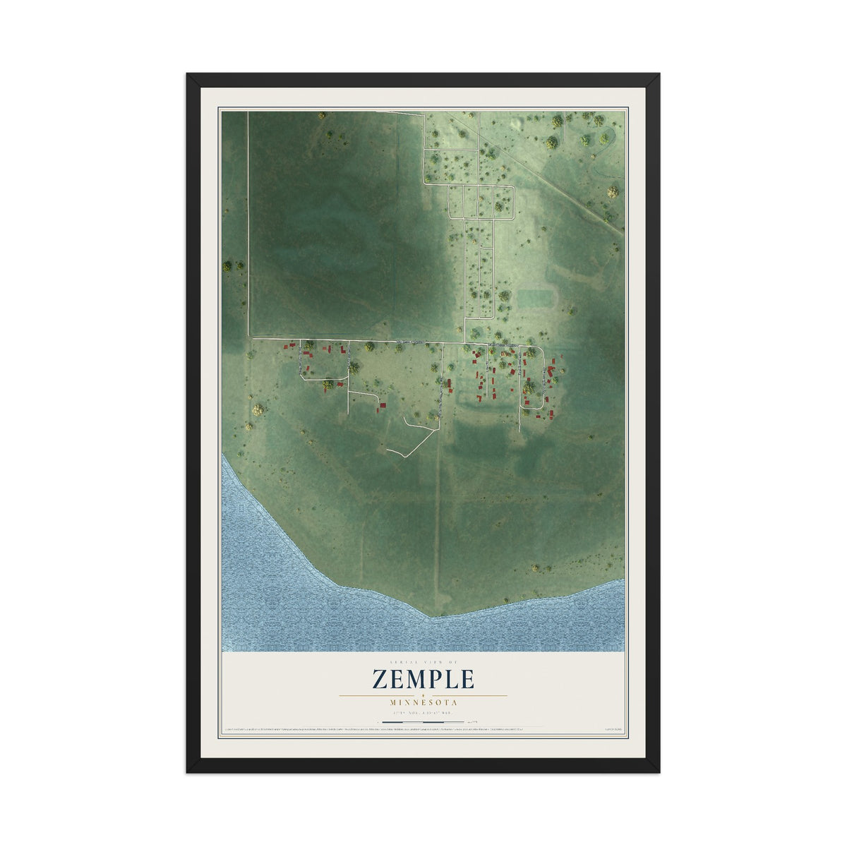Map of Zemple, Minnesota, 12 x 18 inch print in a black wood frame