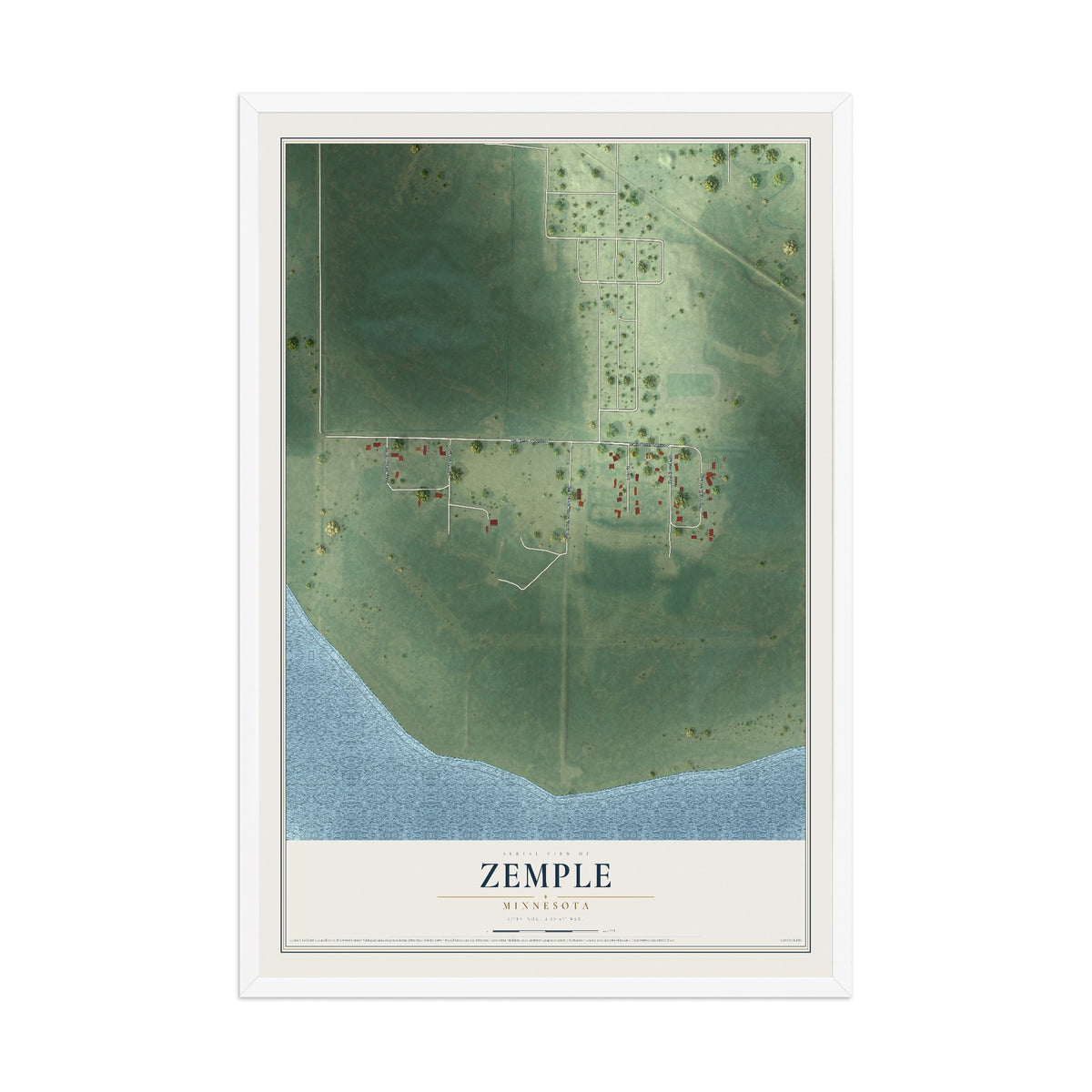 Map of Zemple, Minnesota, 12 x 18 inch print in a white wood frame