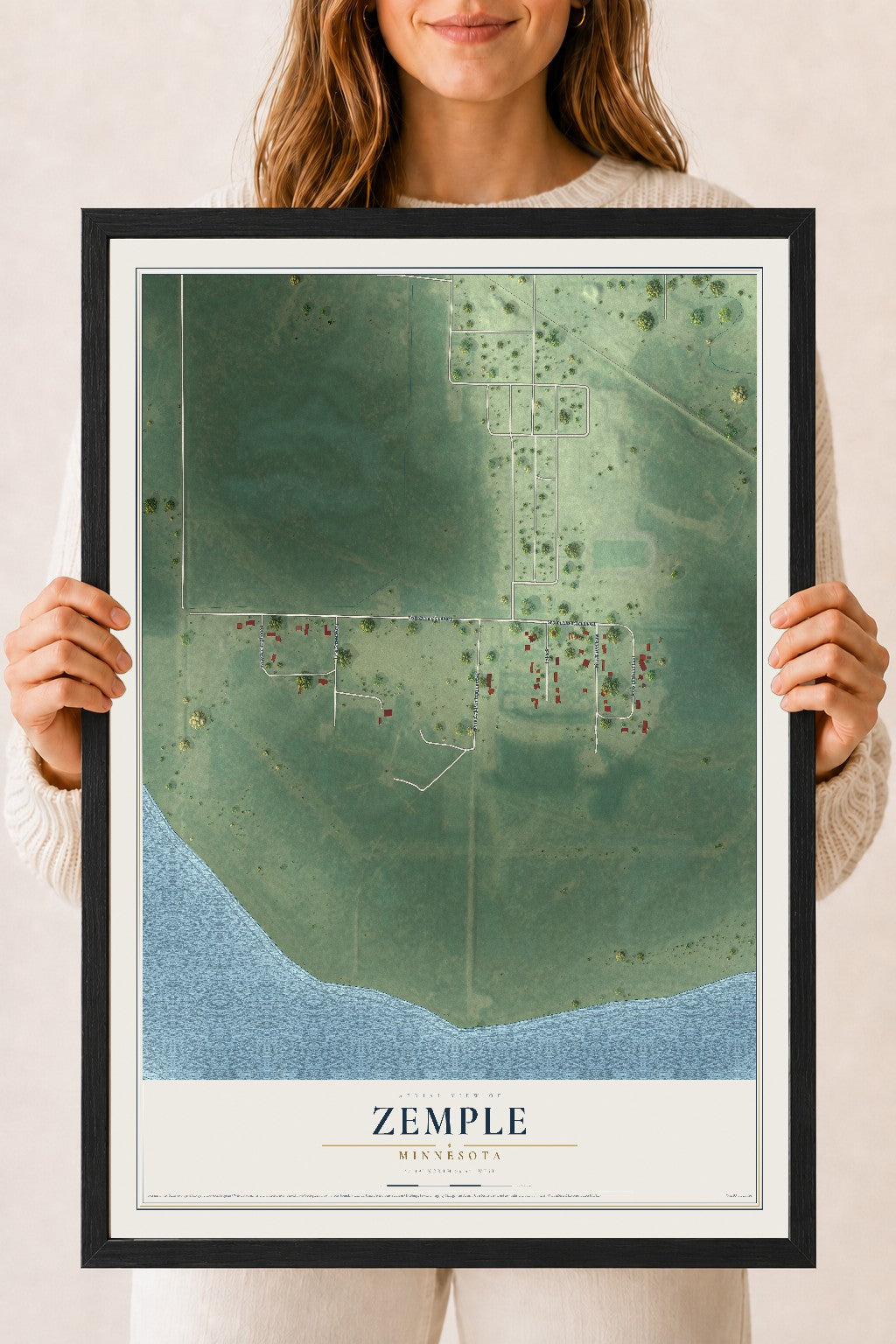 Map of Zemple, Minnesota, 18 x 24 inch print in a black wood frame