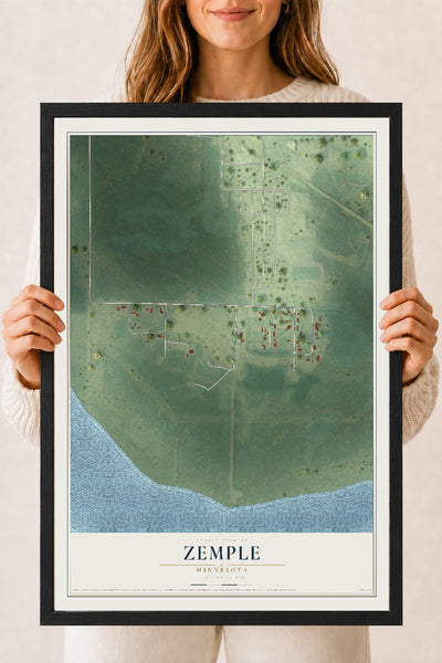 Map of Zemple, Minnesota, 18 x 24 inch print in a black wood frame