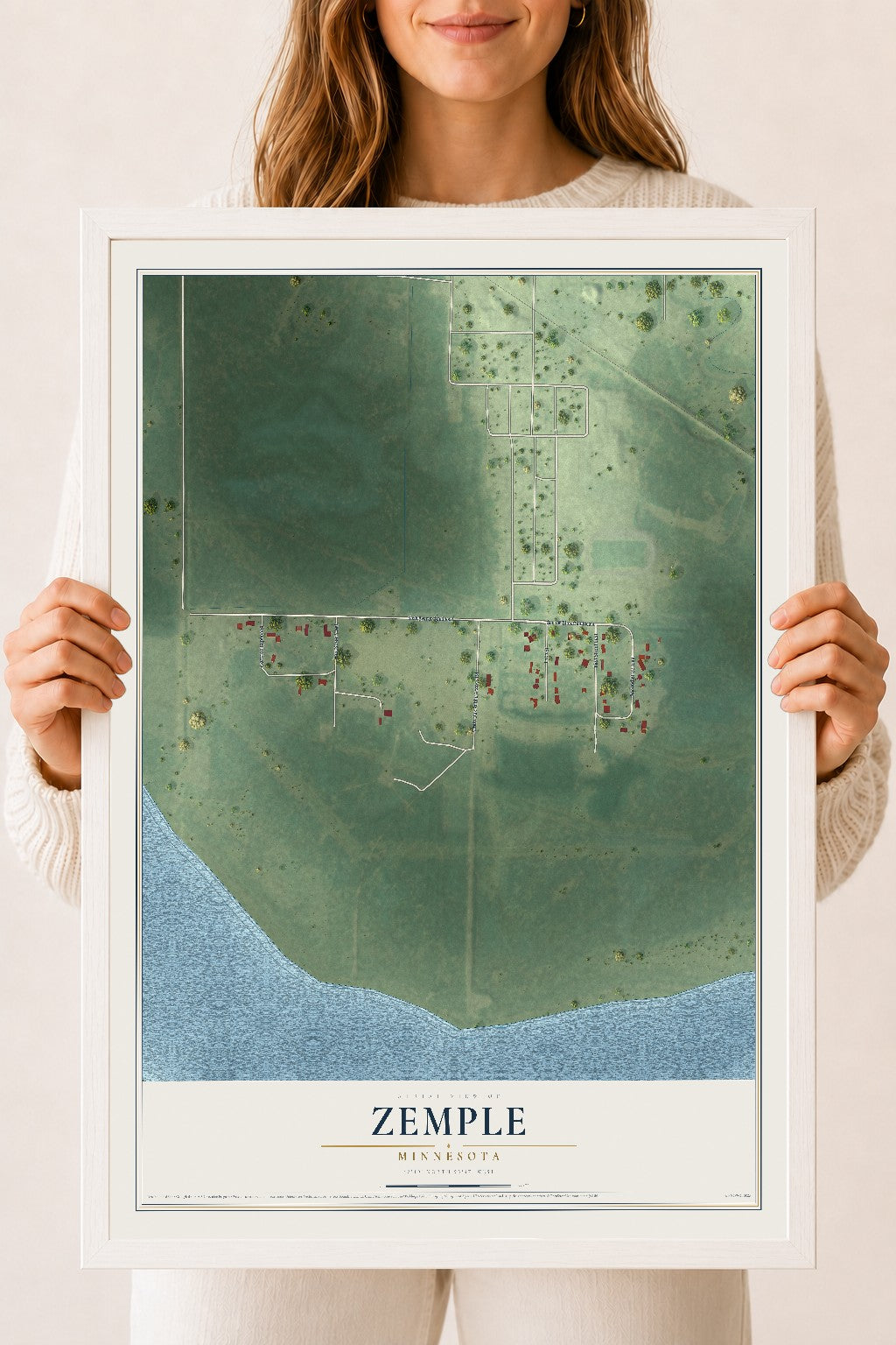 Map of Zemple, Minnesota, 18 x 24 inch print in a white wood frame