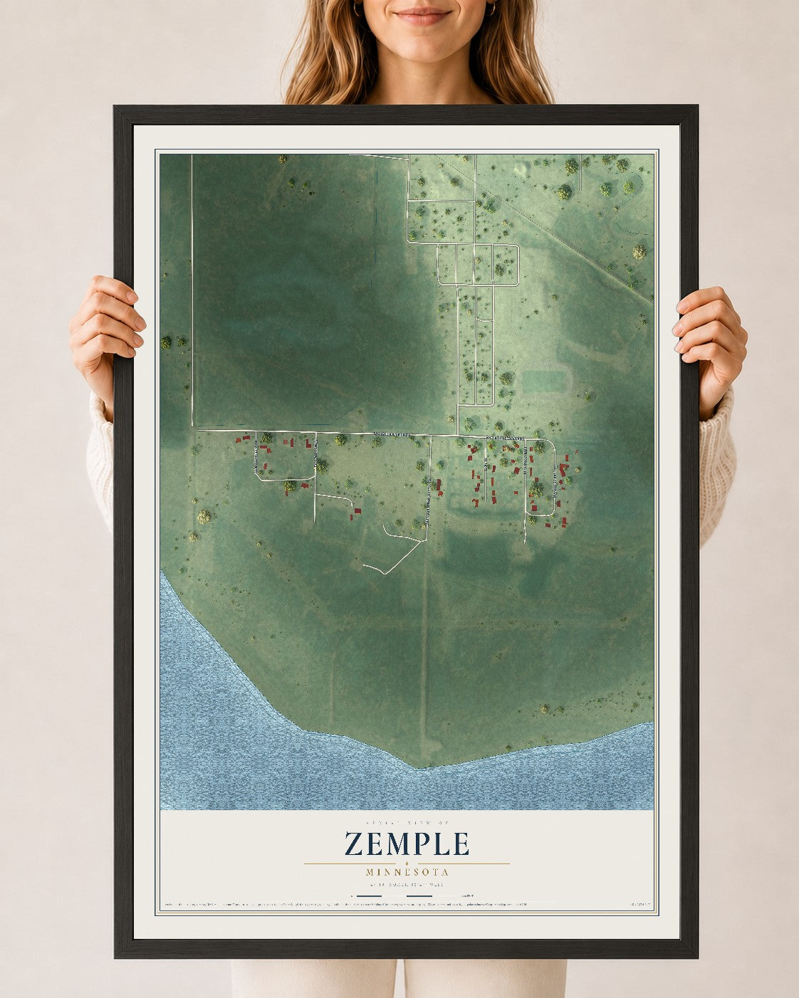 Map of Zemple, Minnesota, 24 x 36 inch print in a black wood frame